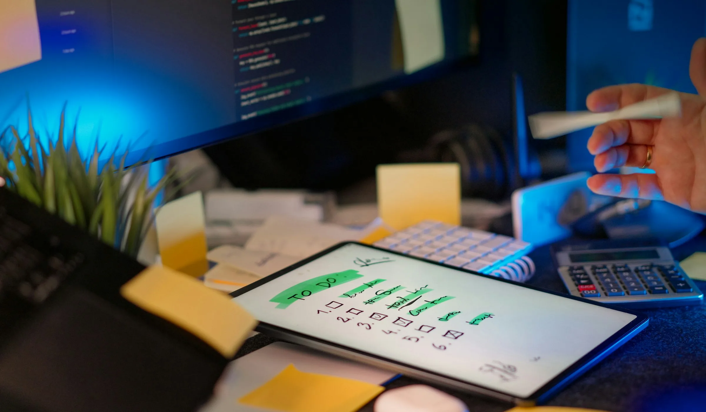 Developer working across dark multi-monitor screens spanning enterprise technology stacks